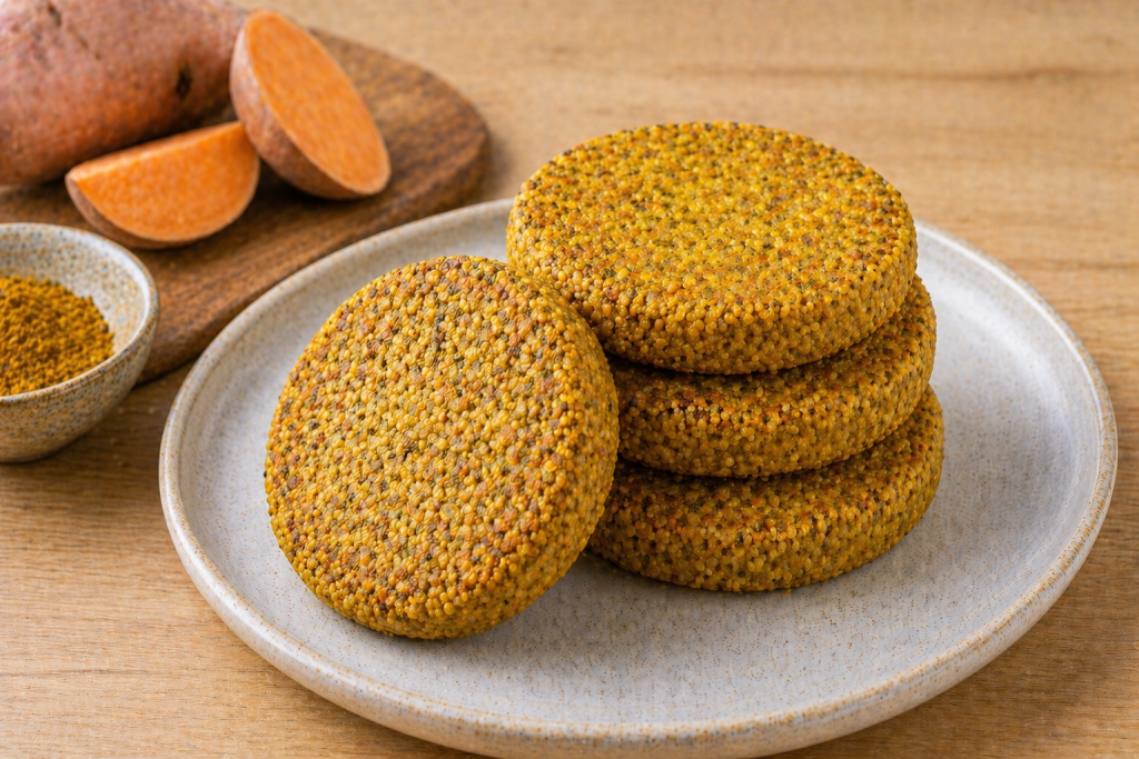 MEDALLONES DE QUINOA, BATATA Y CURRY (4u)